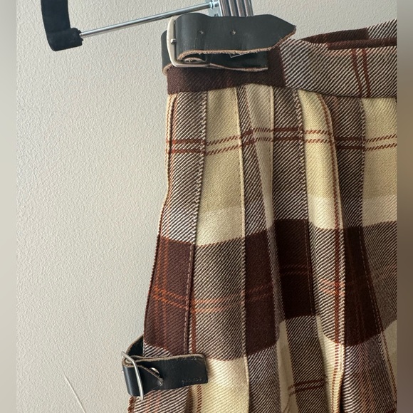 Vintage Wool Tartan Neutral Tan Brown Plaid Pleated Skirt Kilt w/Buckles 24" - Picture 3 of 5